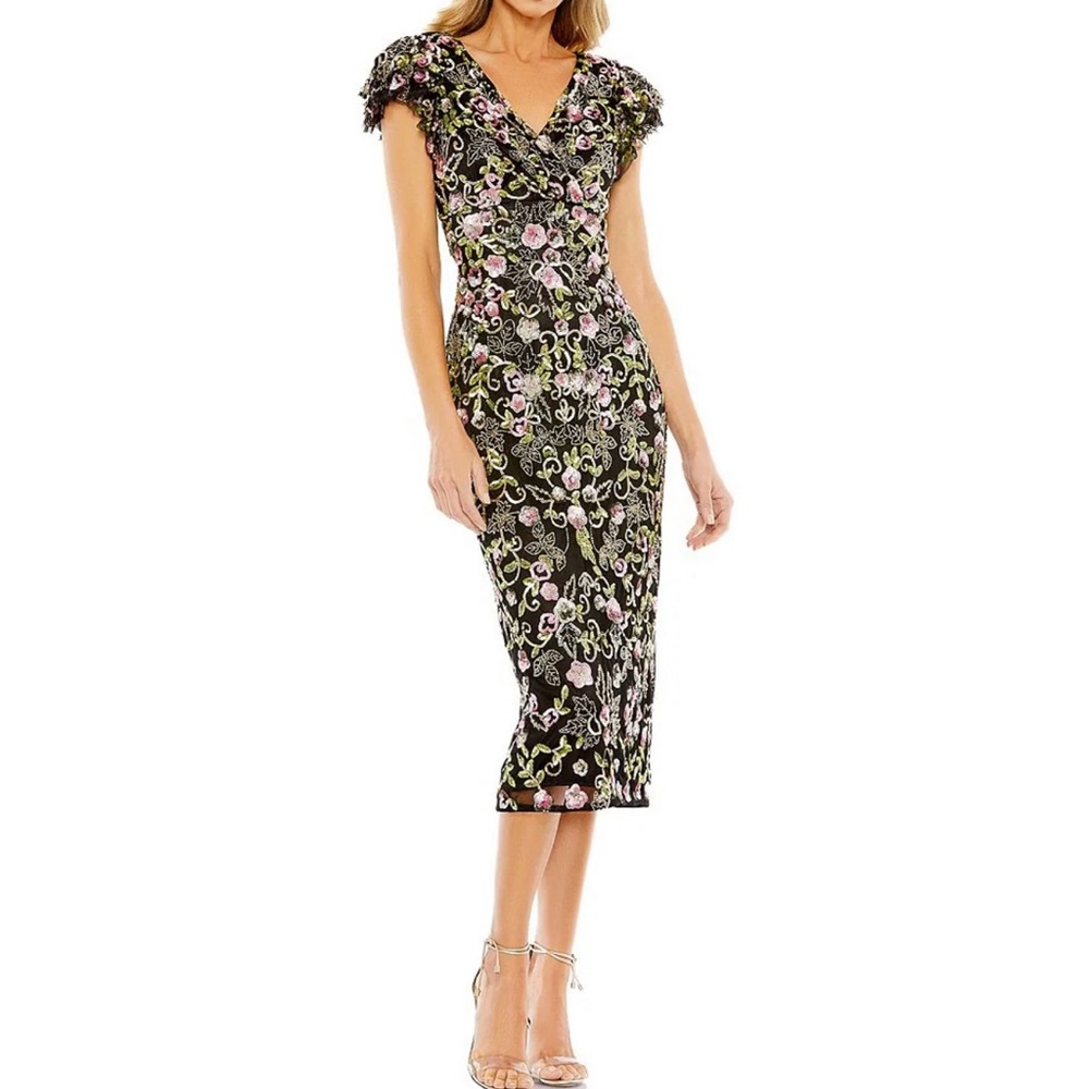 Mac Duggal Black Midi Dress with Pink & Green Embroidery